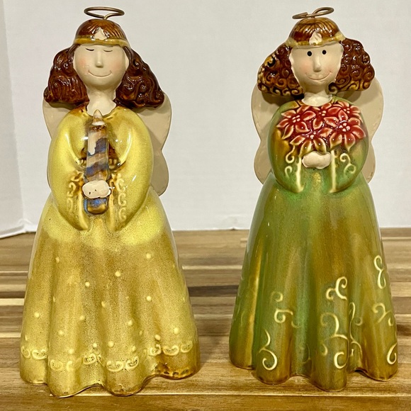 Angel Figurines Ceramic Pottery Christmas Gold Green Tones Poinsettias Candle - Picture 1 of 8